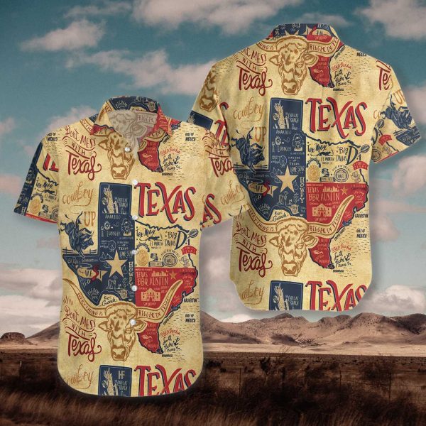 Don't Mess With Texas Longhorns Shirt, Casual Short Sleeve State Of Texas Hawaiian Shirt For Men, Patriotic Texas Gift Ideas - Image 2