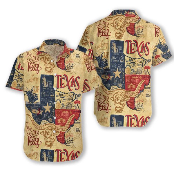 Don't Mess With Texas Longhorns Shirt, Casual Short Sleeve State Of Texas Hawaiian Shirt For Men, Patriotic Texas Gift Ideas