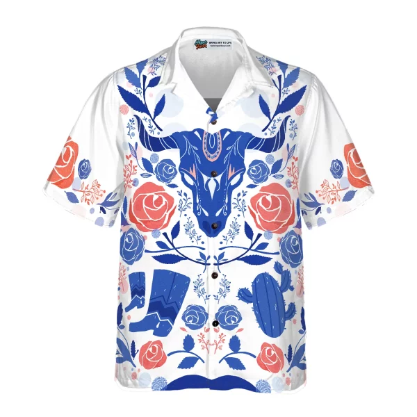 Artistic Longhorn Skull Texas Hawaiian Shirt For Men, White Blue Shirt Shirt For Texans, Texas Lovers - Image 2