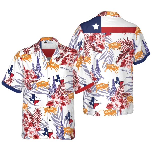Royal Blue Bluebonnet Texas Hawaiian Shirt, Floral Texas Flag Shirt Horizontal Version, Proud Texas Shirt For Men