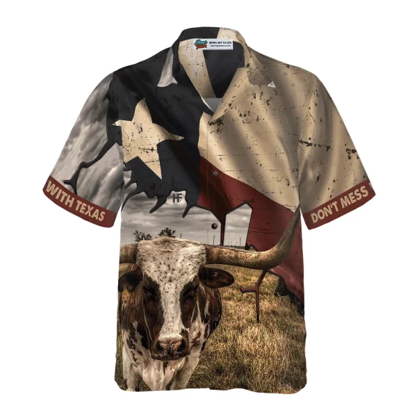Texas State Map Pattern Flag Texas Hawaiian Shirt, Don't Mess With Texas Longhorns Shirt, Texas Shirt For Men - Image 2