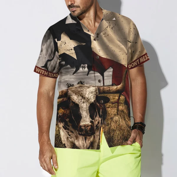 Texas State Map Pattern Flag Texas Hawaiian Shirt, Don't Mess With Texas Longhorns Shirt, Texas Shirt For Men - Image 5