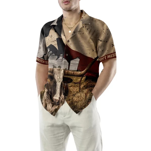 Texas State Map Pattern Flag Texas Hawaiian Shirt, Don't Mess With Texas Longhorns Shirt, Texas Shirt For Men - Image 4