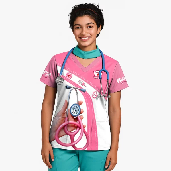 Personalized Nurse Shirt for Women - Pink Stethoscope Gift for RN CNA LPN - Custom Name Medical Uniform Tee - Image 2
