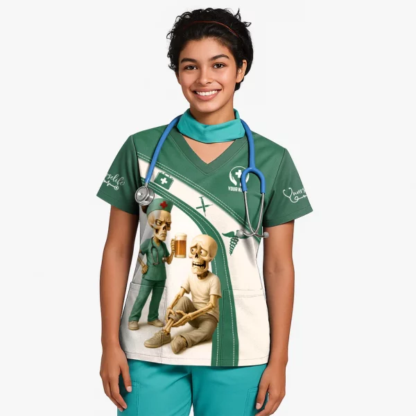 Funny Skeleton Nurse Shirt for Women - Custom Name Beer Joke Medical Uniform - Hilarious Gift for RN CNA LPN - Image 2