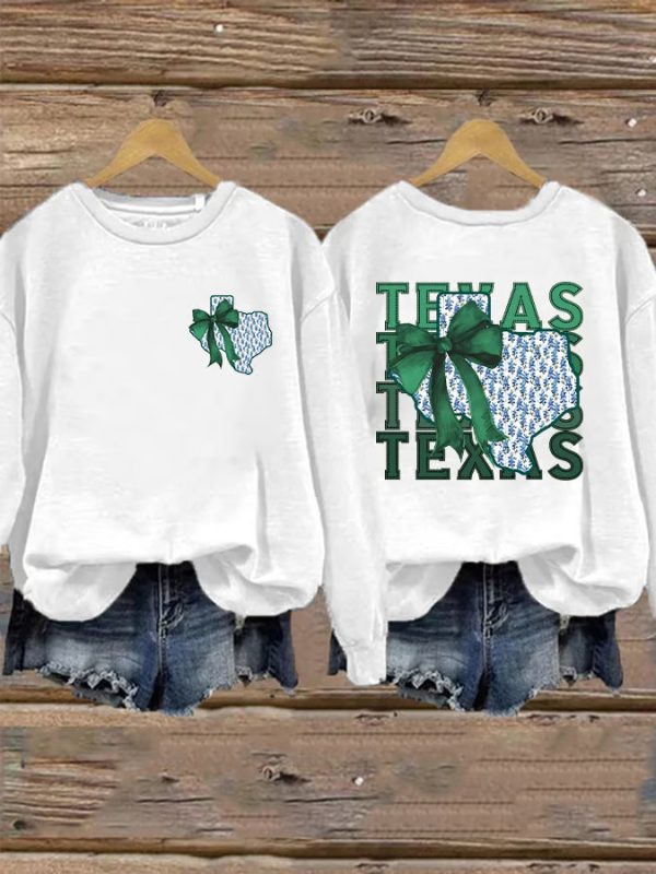 Retro Texas Strong Green Bow Print Sweater - Image 2