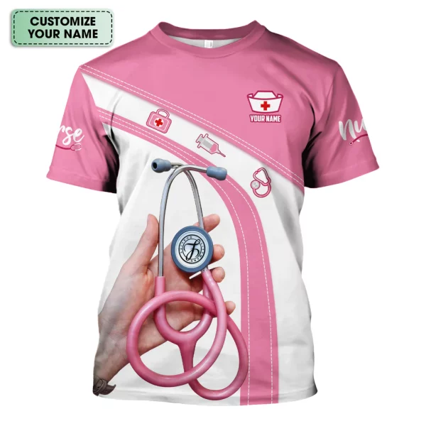 Personalized Nurse Shirt for Women - Pink Stethoscope Gift for RN CNA LPN - Custom Name Medical Uniform Tee - Image 3