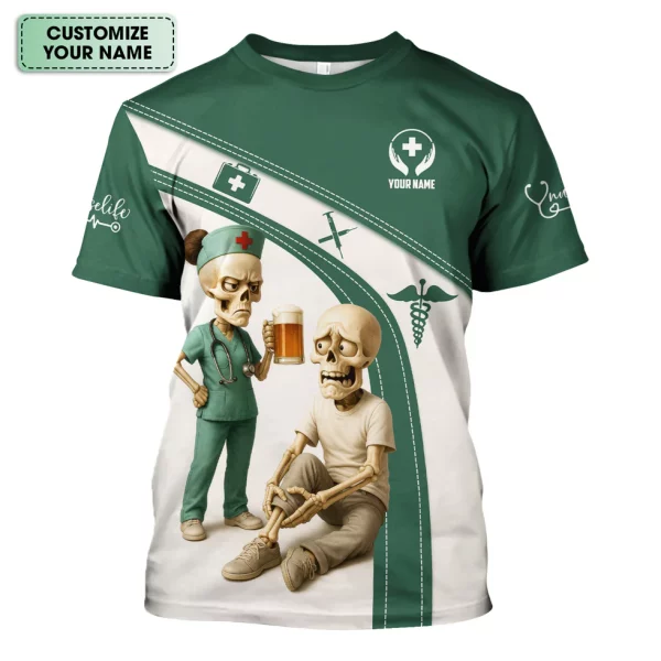 Funny Skeleton Nurse Shirt for Women - Custom Name Beer Joke Medical Uniform - Hilarious Gift for RN CNA LPN - Image 3