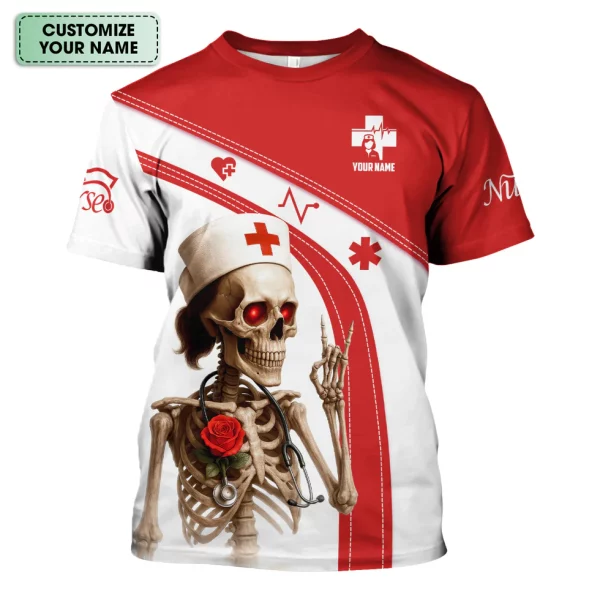 Funny Skeleton Nurse Shirt Personalized with Name - Dark Humor Gift for RN CNA LPN - Red White Scrubs Quote Tee for Healthcare Workers - Healthcare Dark Humor Tee - Image 3