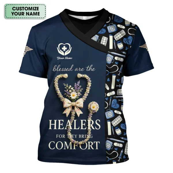 Personalized Blessed Healer Scrubs for Women RN CNA LPN - Floral Heart Stethoscope Design with Inspirational Quote - Custom Name Gift for Healthcare Workers & Nurses - Image 4