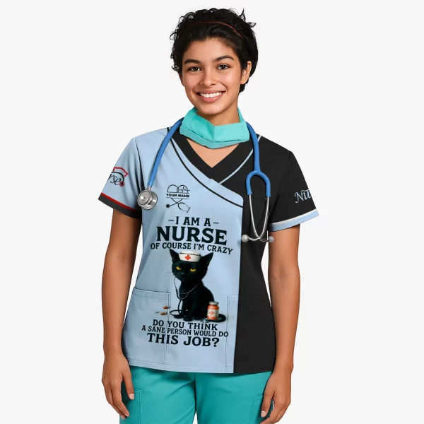 Funny Nurse Scrub Shirt with Black Cat Quote Design - Multiple Color Options Available - Gift for RN CNA LPN Healthcare Workers - Image 3