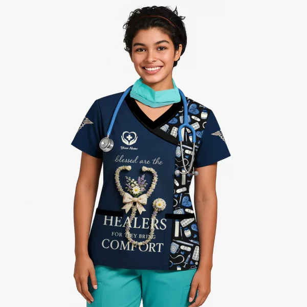 Personalized Blessed Healer Scrubs for Women RN CNA LPN - Floral Heart Stethoscope Design with Inspirational Quote - Custom Name Gift for Healthcare Workers & Nurses - Image 2