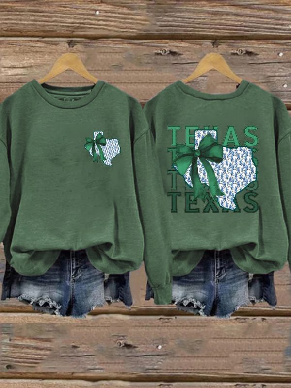 Retro Texas Strong Green Bow Print Sweater