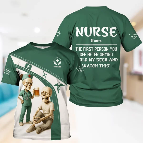 Funny Skeleton Nurse Shirt for Women - Custom Name Beer Joke Medical Uniform - Hilarious Gift for RN CNA LPN