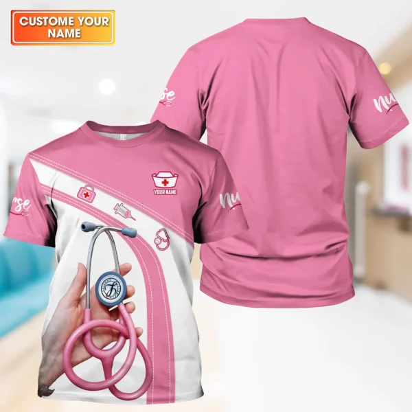 Personalized Nurse Shirt for Women - Pink Stethoscope Gift for RN CNA LPN - Custom Name Medical Uniform Tee