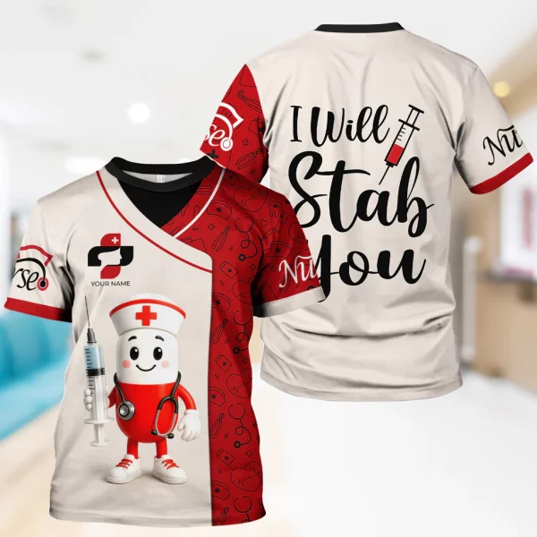 Funny Personalized Nurse Shirt - Pill Cartoon with Syringe - Custom Gift for RN CNA LPN or Nursing Student