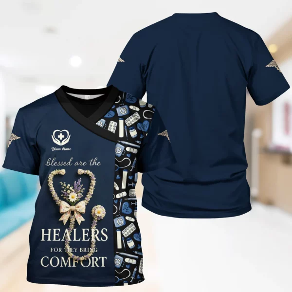 Personalized Blessed Healer Scrubs for Women RN CNA LPN - Floral Heart Stethoscope Design with Inspirational Quote - Custom Name Gift for Healthcare Workers & Nurses