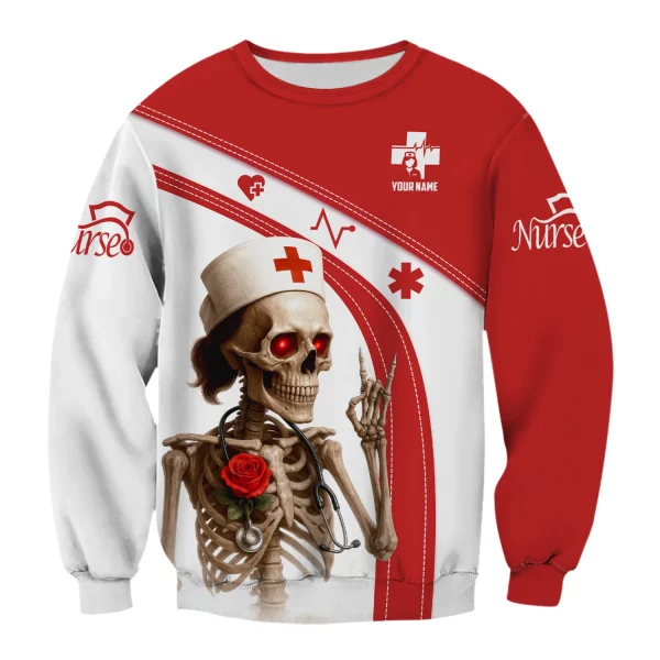 Funny Skeleton Nurse Shirt Personalized with Name - Dark Humor Gift for RN CNA LPN - Red White Scrubs Quote Tee for Healthcare Workers - Healthcare Dark Humor Tee - Image 6