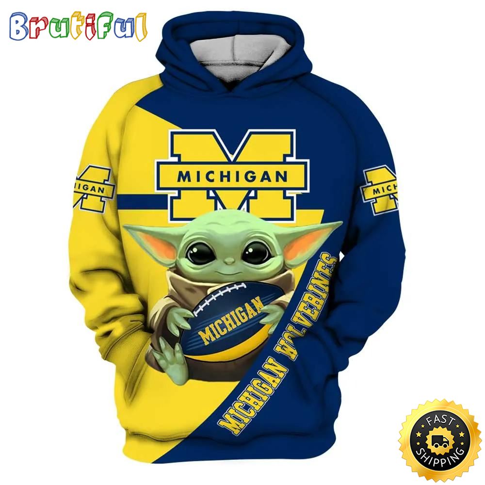 Baby Yoda Hug Ball Michigan Wolverines Football 3d Hoodie Michigan Wolverines Christmas Gifts
