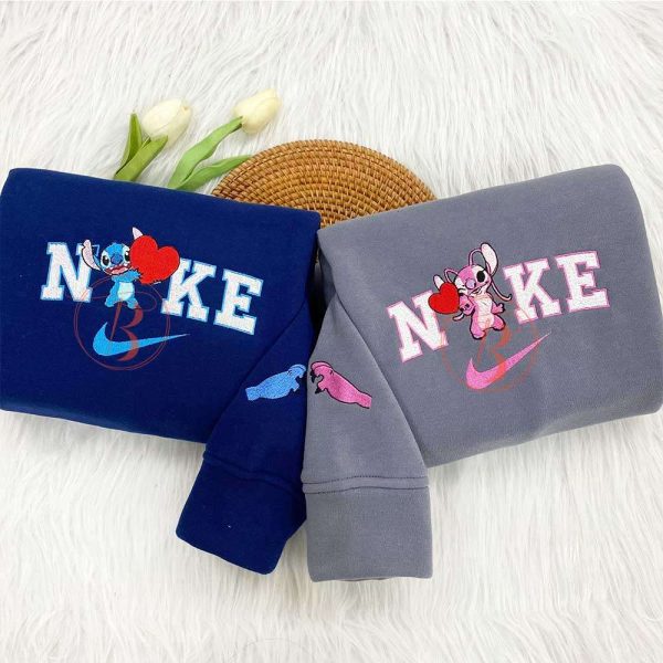 Couple Disney Stitch And Angel Embroidered Sweatshirt - TerraBell Designs