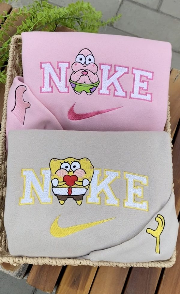 Cute Spongebob And Patrick Nike Embroidered Sweatshirt, Valentines Day Gift, Best Gift For Valentines Day, Matching Embroidered Sweatshirt