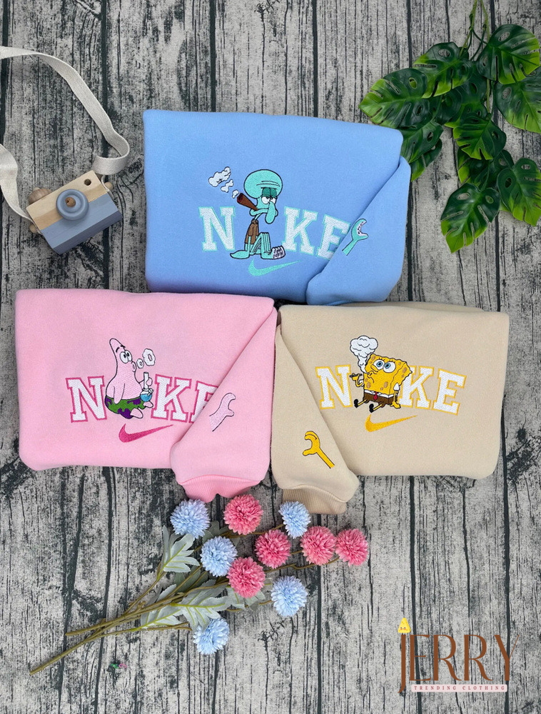 Cute Squidward Patrick Star And Spongebob Nike Embroidered Sweatshirt, Matching Embroidered Hoodies
