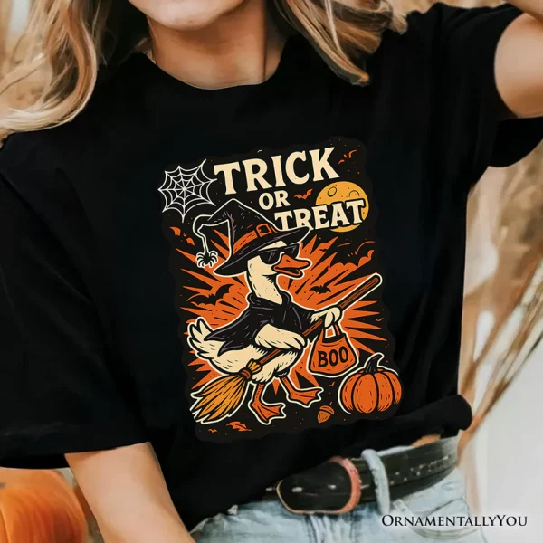 Trick or Treat Goose T-Shirt, Vintage Halloween Witch Tee for October - Image 2