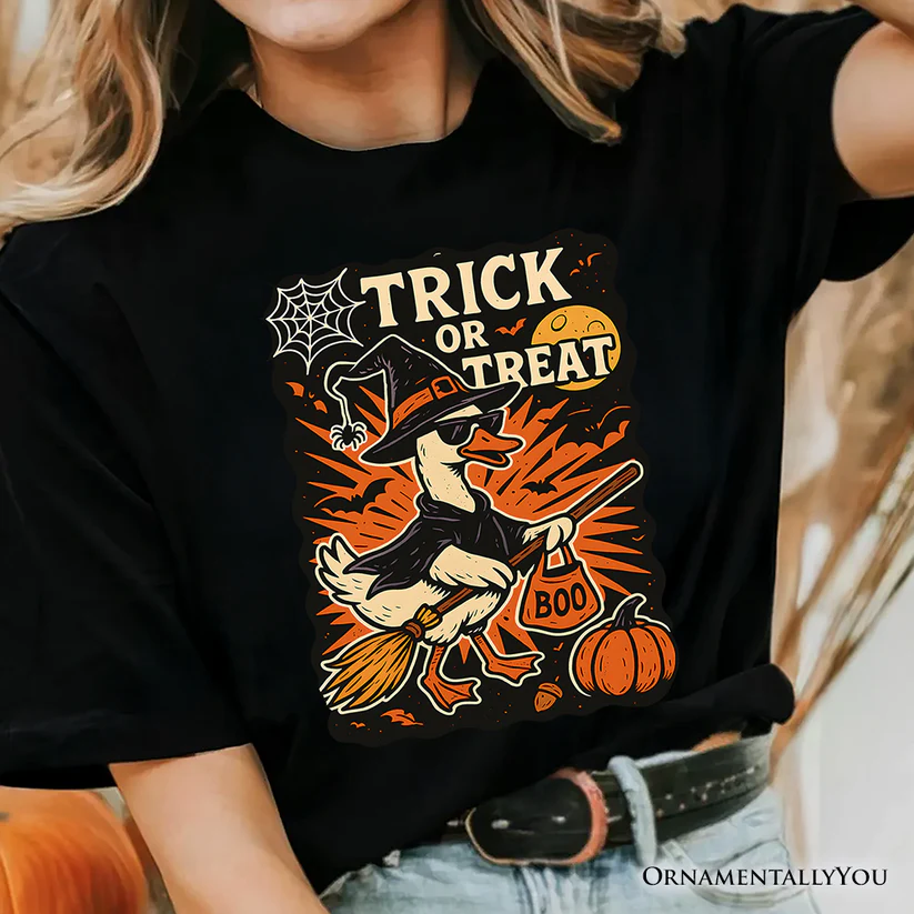 Trick or Treat Goose T-Shirt, Vintage Halloween Witch Tee for October - Image 2