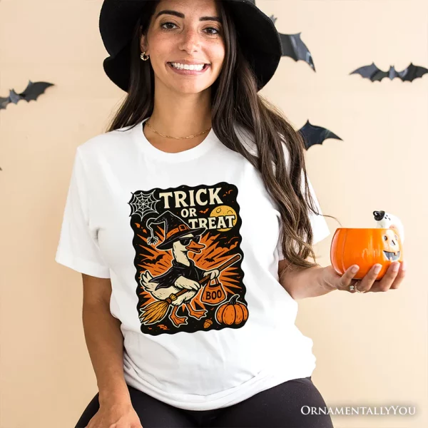 Trick or Treat Goose T-Shirt, Vintage Halloween Witch Tee for October - Image 2
