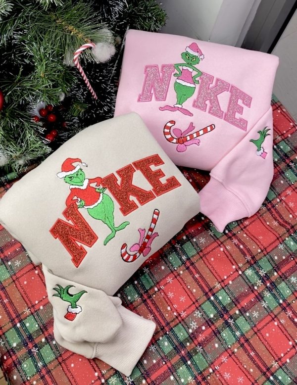 Grinch Nike Appliqué Embroidered Sweatshirt, Christmas Embroidery Sweatshirt, Grinch Nike Embroidered Sweatshirt
