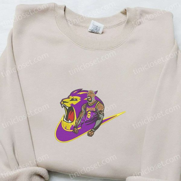 Lakers Lion x Nike Swoosh Embroidered Shirt, Sports Embroidered Hoodie, Best Gifts For Family - Small Gifts Great Love