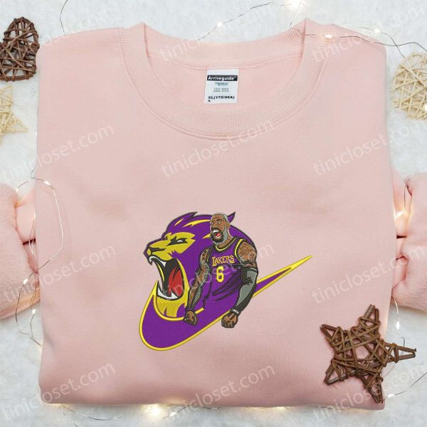 Lakers Lion x Nike Swoosh Embroidered Shirt, Sports Embroidered Hoodie, Best Gifts For Family - Small Gifts Great Love - Image 4
