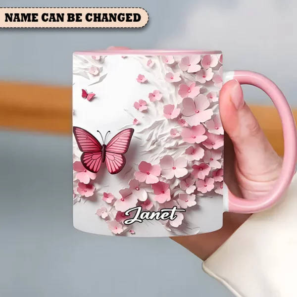 Pink Butterfly With Flowers - Personalized Butterfly Accent Mug - Image 2
