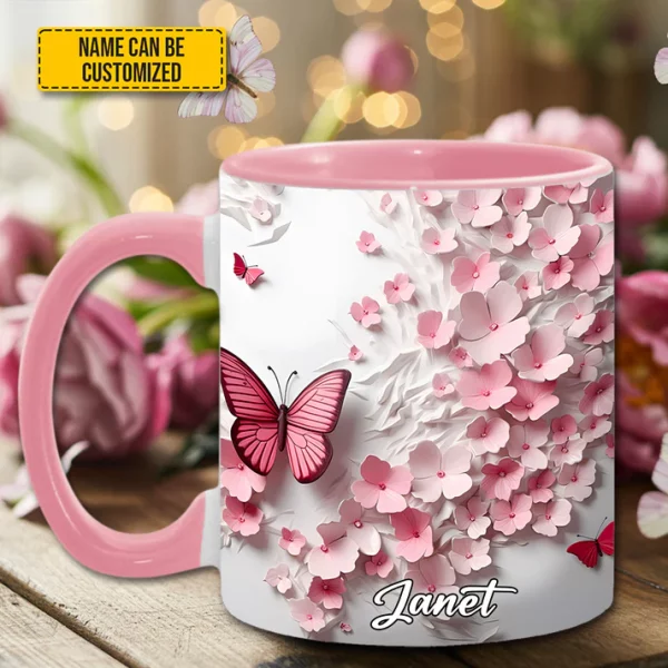 Pink Butterfly With Flowers - Personalized Butterfly Accent Mug - Image 4