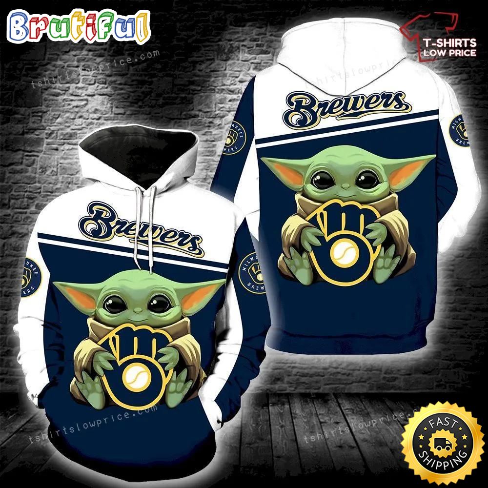 Milwaukee Brewers Baby Yoda Hold Logo Full Print 3d Hoodie Zipper Men Women