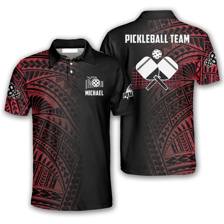 Pickleball Polo Shirts, Black And Red Tribal Pickleball Polo Shirts