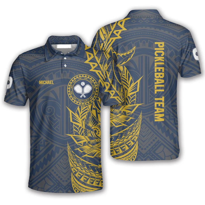 Pickleball Polo Shirts, Blue And Yellow Tribal Pickleball Polo Shirts