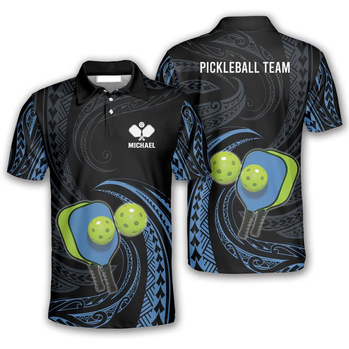 Pickleball Polo Shirts, Just Dink Blue Tribal Pickleball Polo Shirts