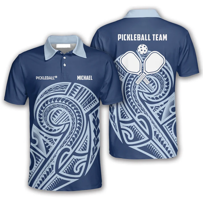 Pickleball Polo Shirts, Sporty Blue Tribal Pickleball Polo Shirts