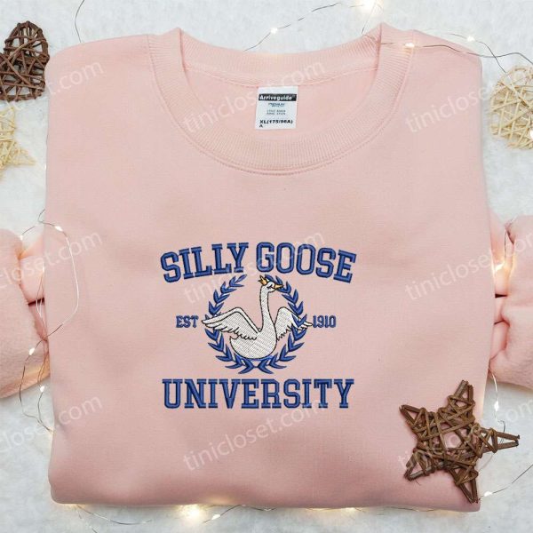 Silly Goose University Embroidered Shirt, Animal Embroidered Shirt, Cute Embroidered Shirt - Small Gifts Great Love