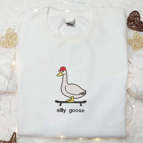 Skateboarding Silly Goose Embroidered Shirt, Animal Embroidered Shirt, Cute Embroidered Shirt - Small Gifts Great Love