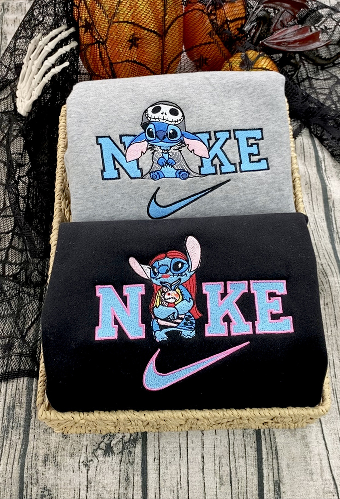 Stitch And Angel As Jack Sally Disney Nike Embroidered Sweatshirts, Halloween Embroidered Sweatshirt, Matching Embroidered  Shirt