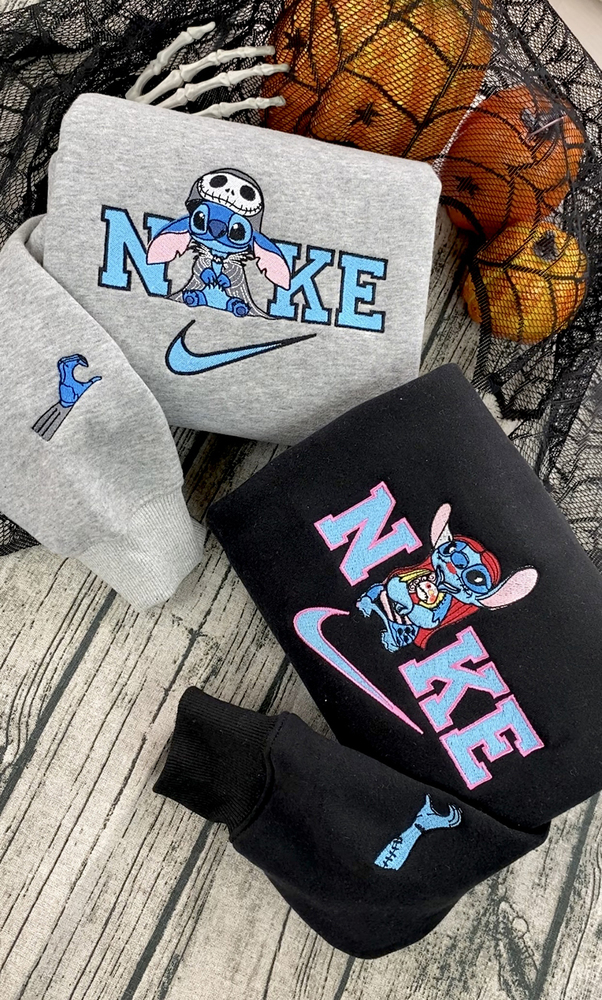 Stitch And Angel As Jack Sally Disney Nike Embroidered Sweatshirts, Halloween Embroidered Sweatshirt, Matching Embroidered  Shirt - Image 2