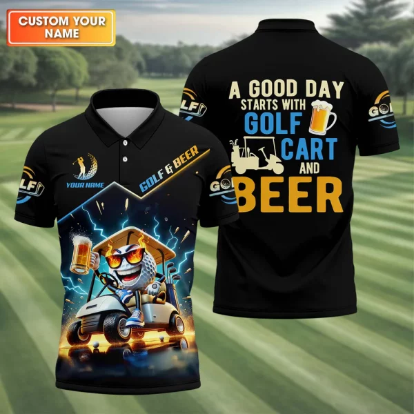 A Good Day Starts With Golf Cart & Beer Custom Golf Polo Shirt, Funny Golf Shirt, Golf Gift For Men