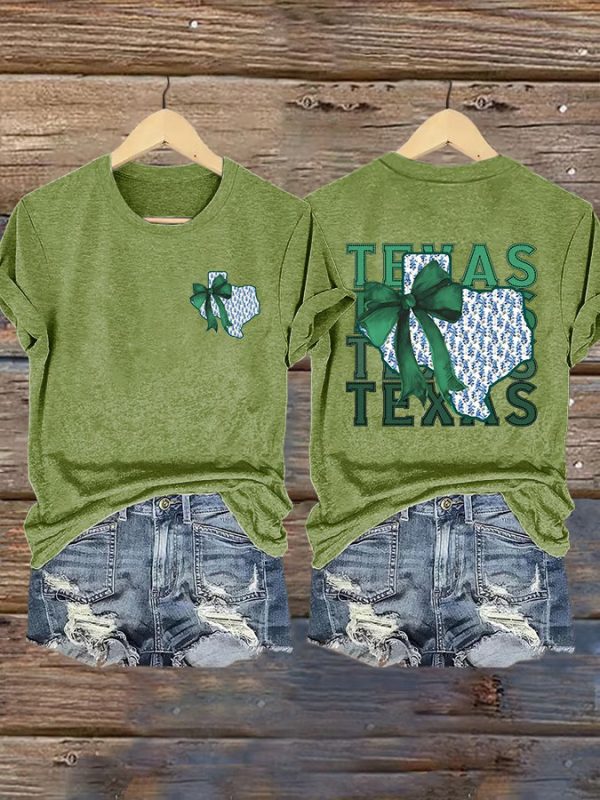 Retro Texas Strong Green Bow Print T-Shirt