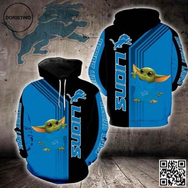 Detroit Lions Baby Yoda Green Awesome 3D Hoodie