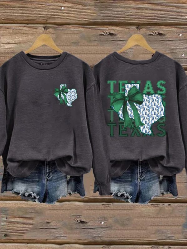 Retro Texas Strong Green Bow Print Sweater - Image 3