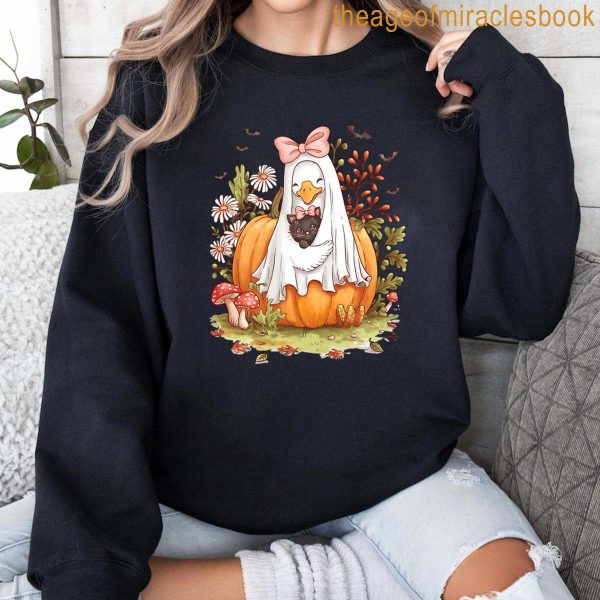 Goose And Cat In Ghost Costume Halloween T-shirt - Image 2