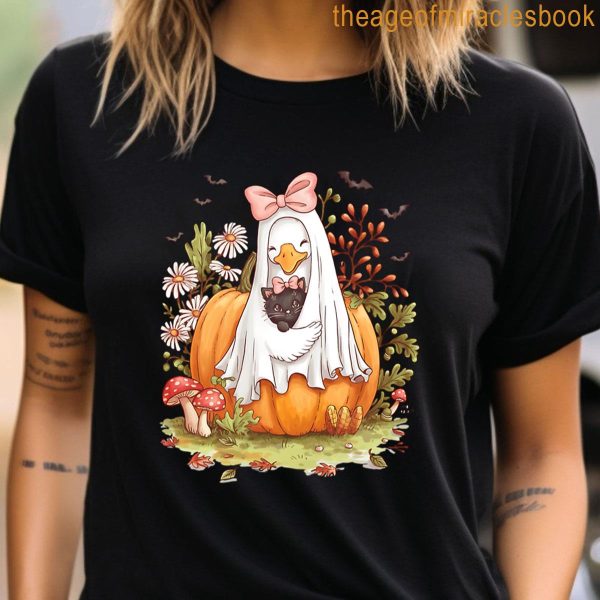 Goose And Cat In Ghost Costume Halloween T-shirt - Image 3