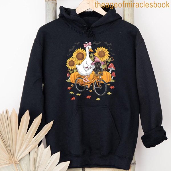 Goose And Witch Cat On Halloween Bike Ride T-shirt - Image 4